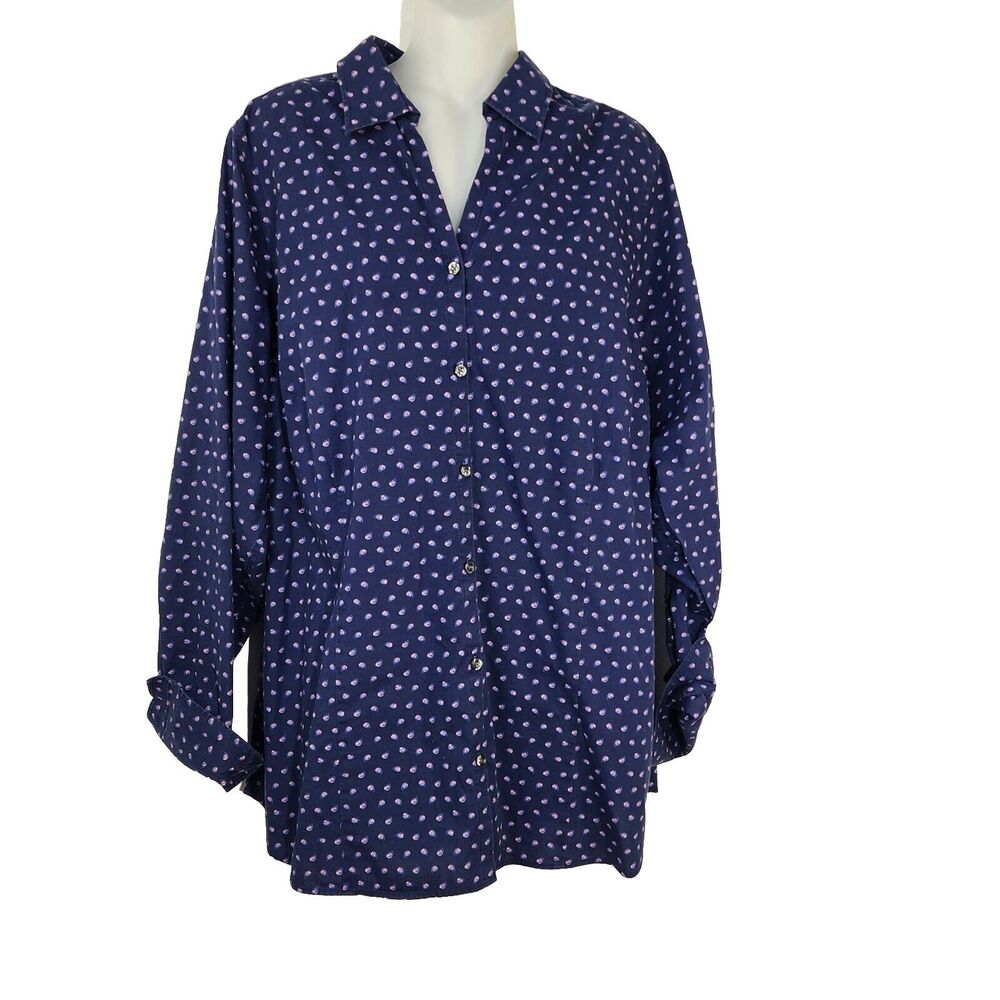 Lands End Womens Top Size 20W No Iron Blue Button Up Long Sleeve Cotton Spandex